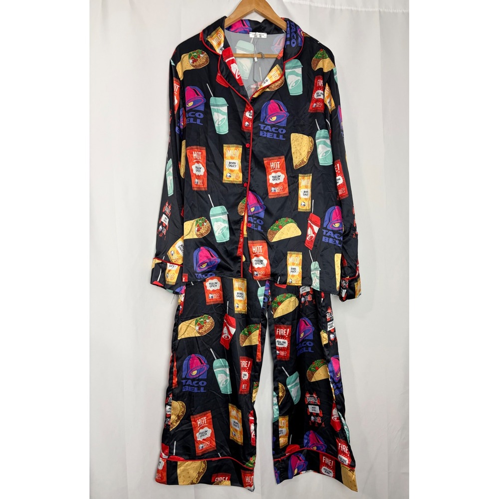 Sheshow Taco Bell Pajama Set XXL Black Satin Long Sleeve Shirt and Pants